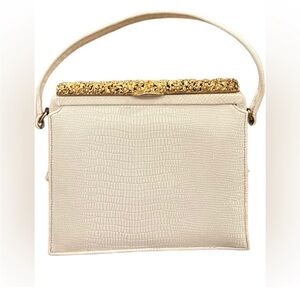 Meyers Cream Leather faux Lizard embossed top handle bag unique gold closure